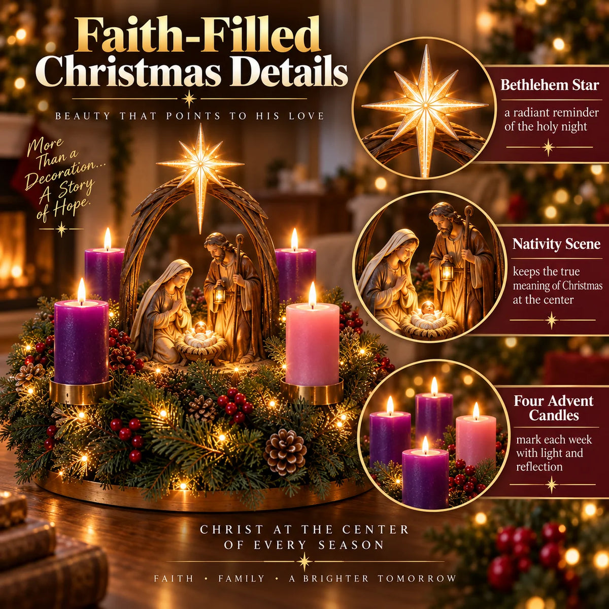 Advent Wreath Nativity Scene 4 Flameless Candles