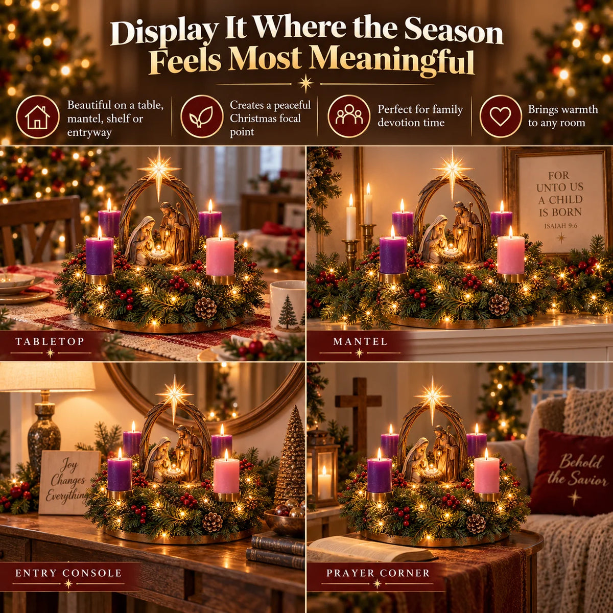 Advent Wreath Nativity Scene 4 Flameless Candles