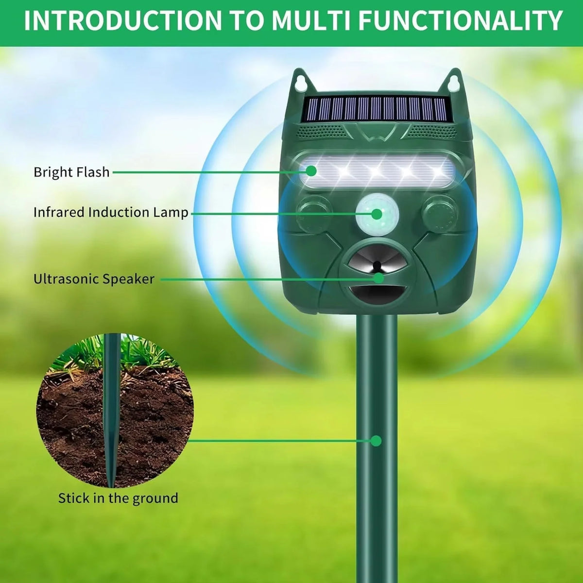 Animal Repeller Solar-Powered Motion-Activated Ultrasonic 5 Adjustable Modes