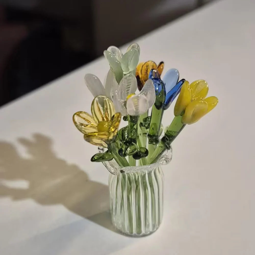 Artificial Flower Bouquet Colored Glaze 7 Flowers With Vase