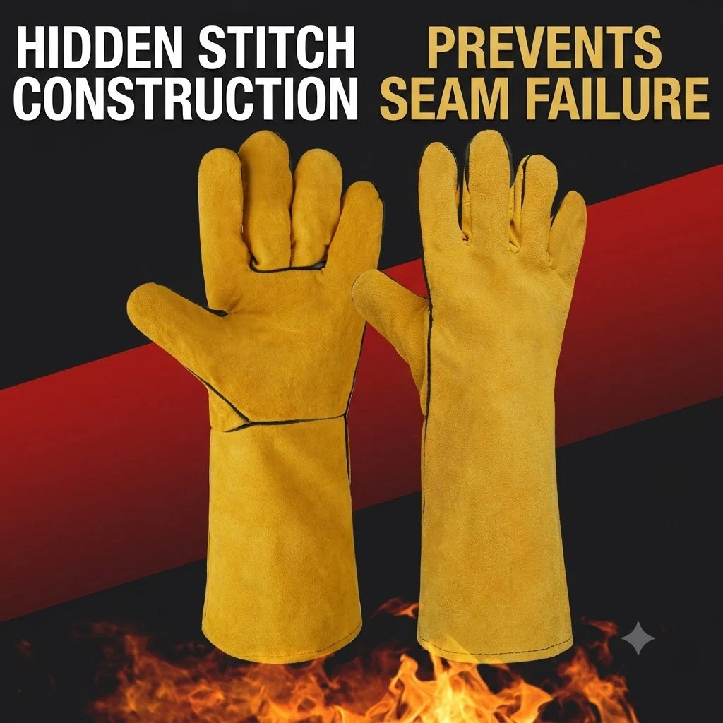 BBQ Gloves 14-Inch Cowhide Leather Cotton-Lined