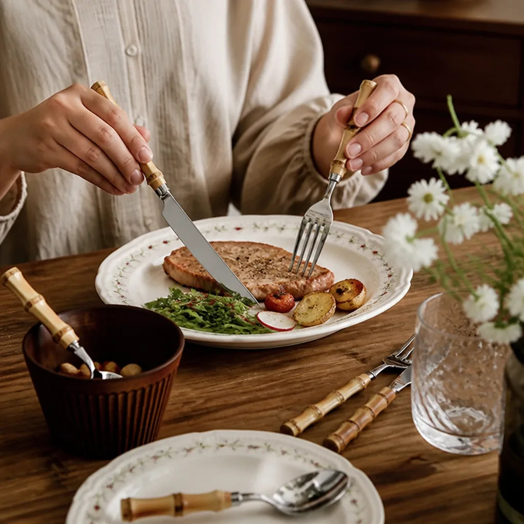 Bamboo-Handled Stainless Steel Cutlery Set (Dishwasher Safe)