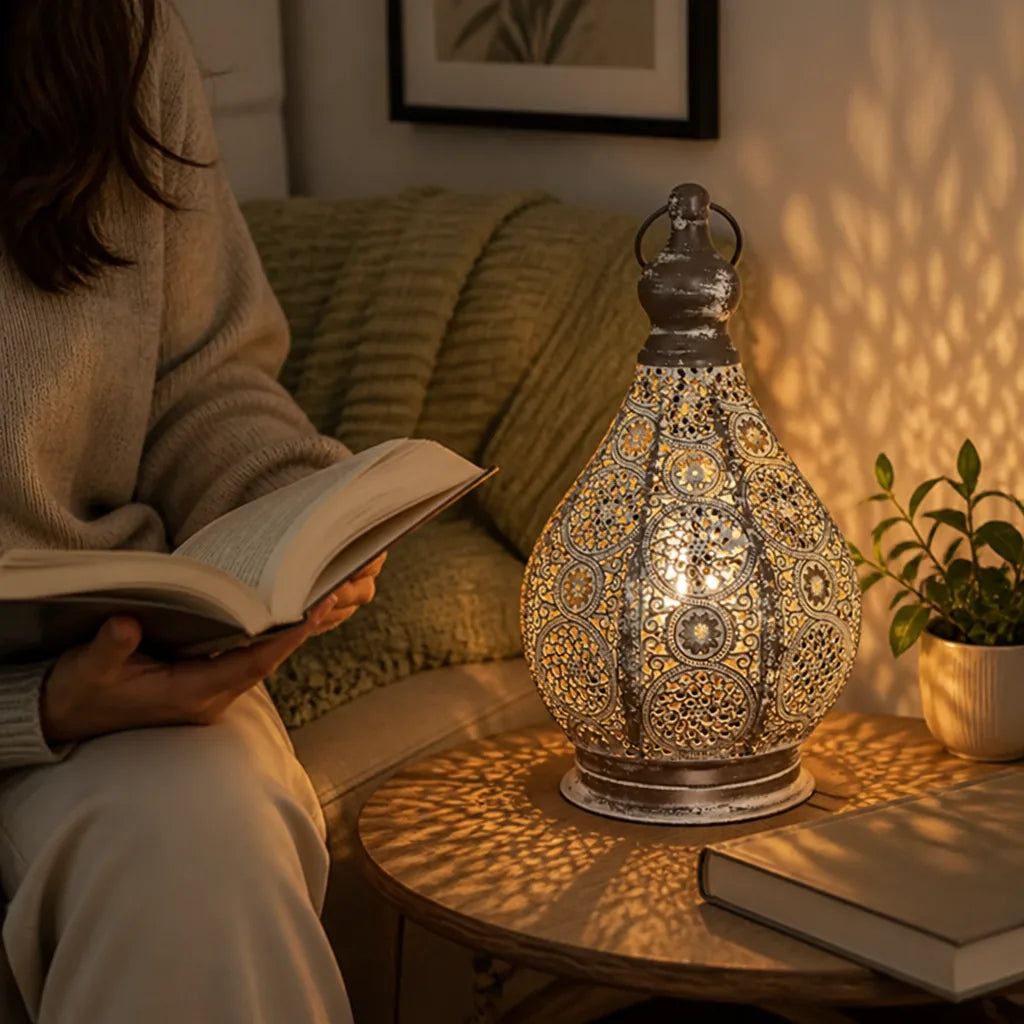 Battery-Operated Filigree Perforated Metal Table Lantern