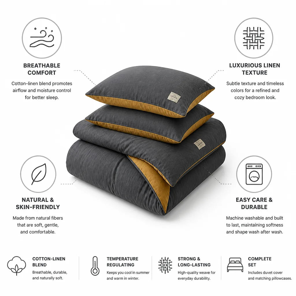 Bedding Set Breathable Cotton-Linen Duvet Cover & Pillowcases