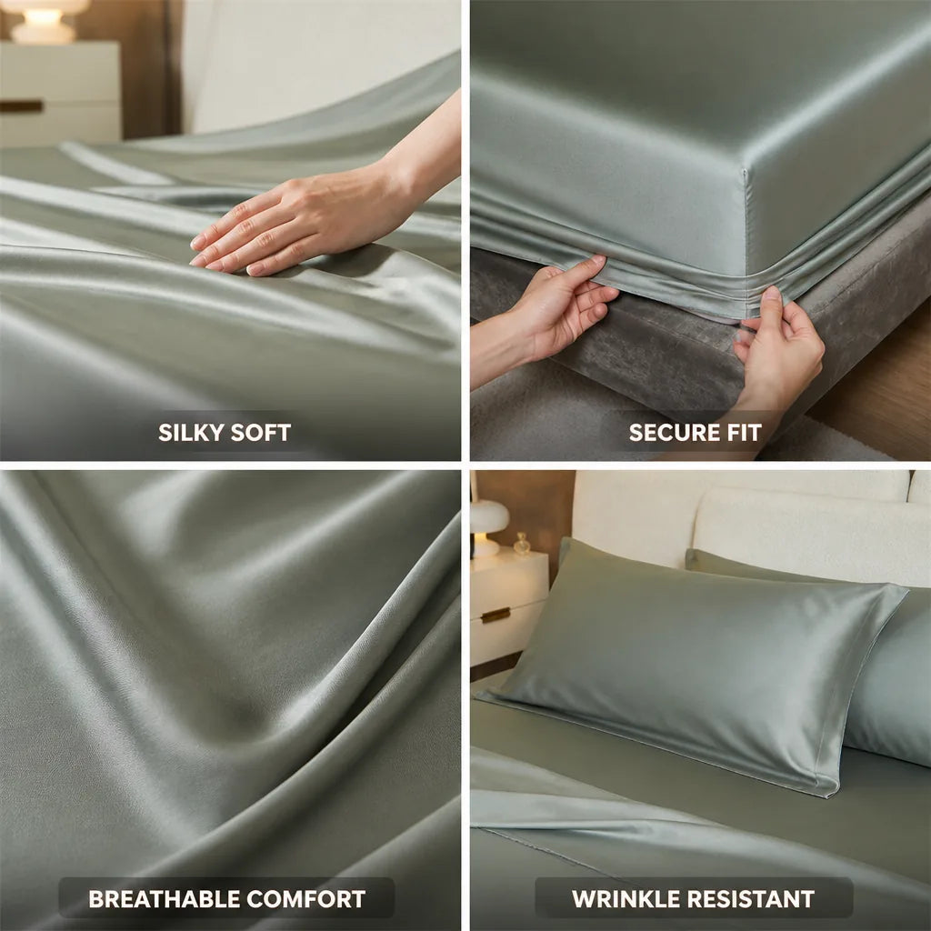 Bedding Set Satin Fitted Sheet & Pillowcases