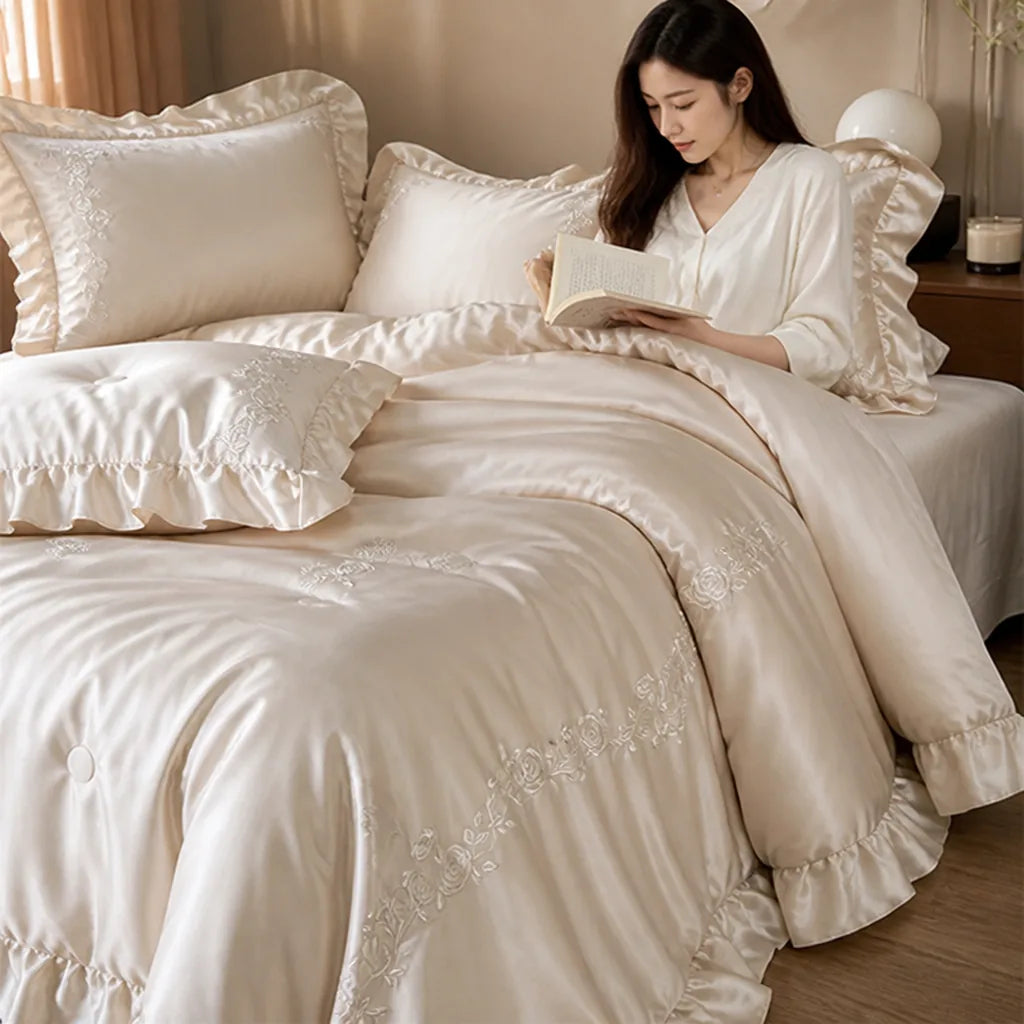 Bedding Set Satin-Like Microfiber Rose Embroidery