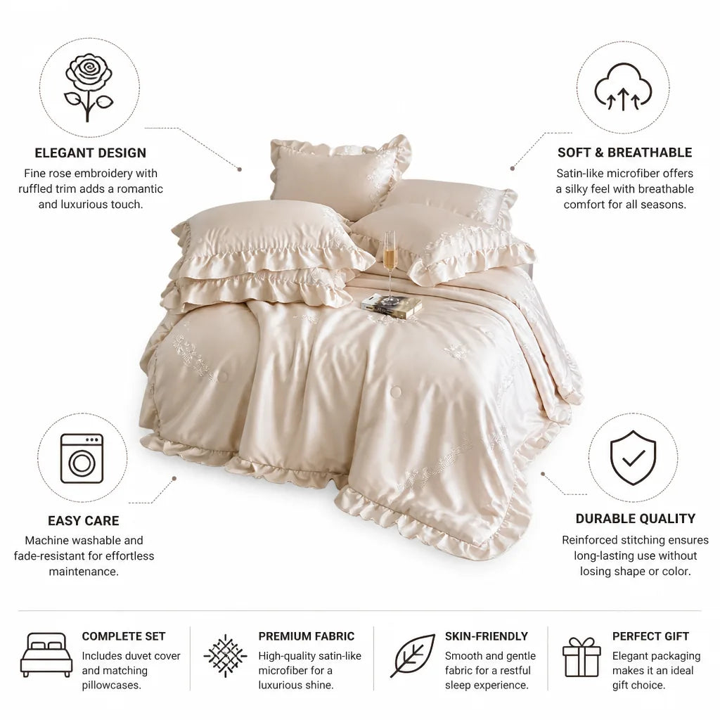 Bedding Set Satin-Like Microfiber Rose Embroidery