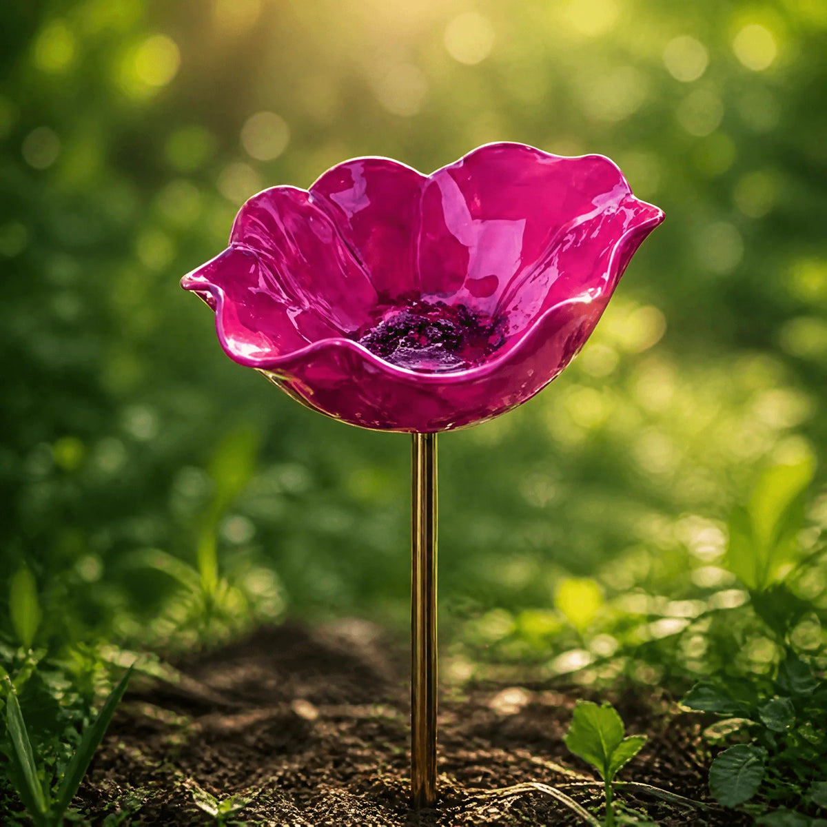 Bird Bath Garden Stake Flower-Shaped Weather-Resistant Metal