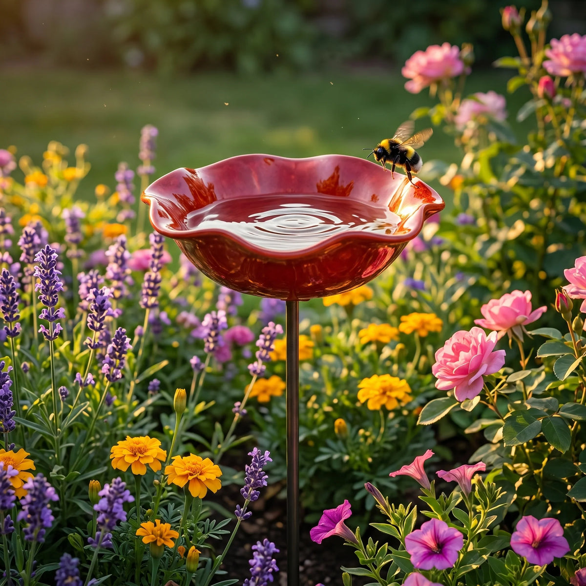 Bird Bath Garden Stake Flower-Shaped Weather-Resistant Metal