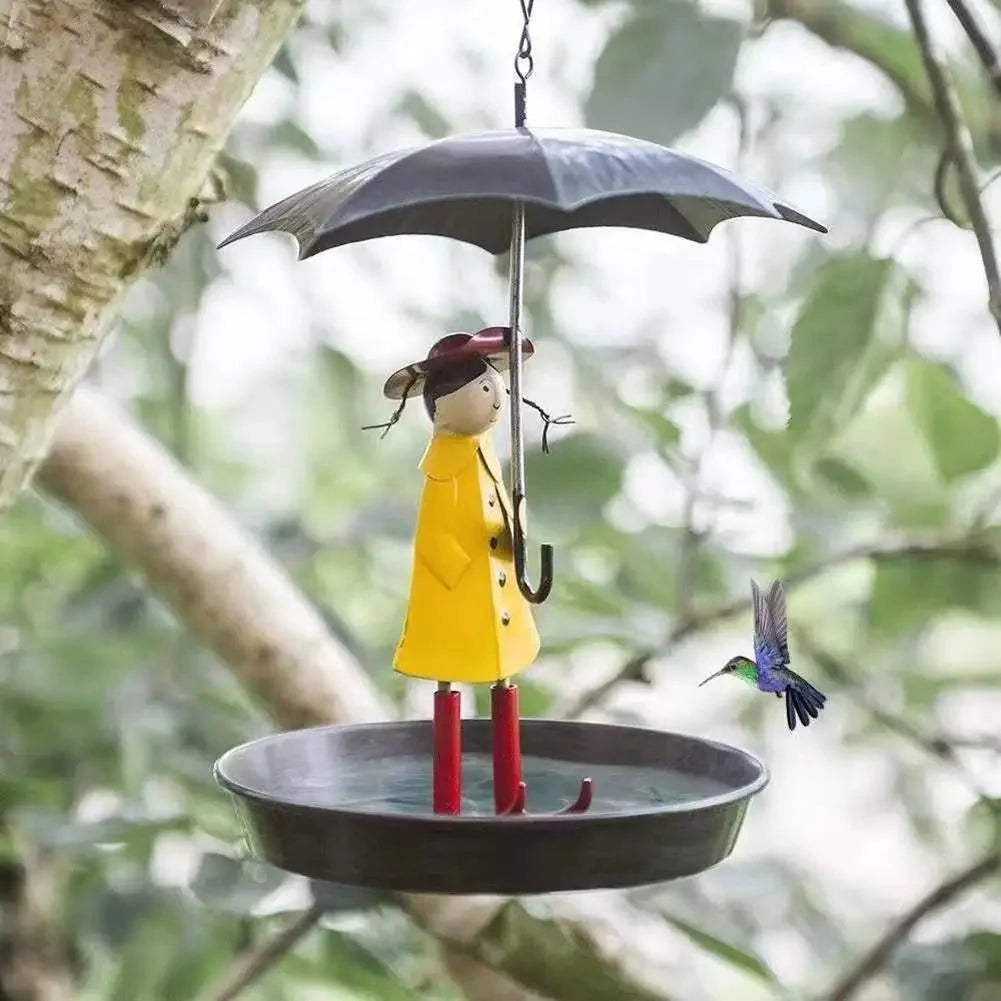 Bird Feeder Weather-Resistant Metal Raincoat Girl Design