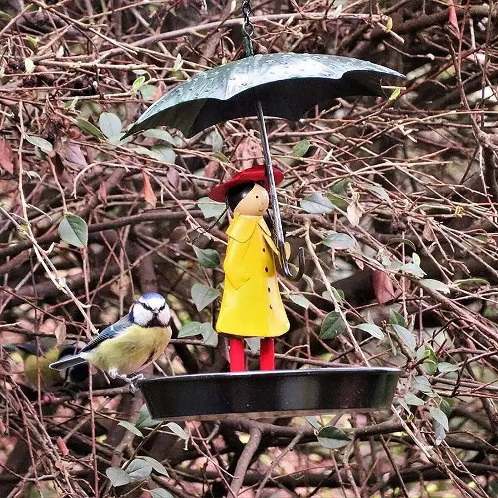 Bird Feeder Weather-Resistant Metal Raincoat Girl Design
