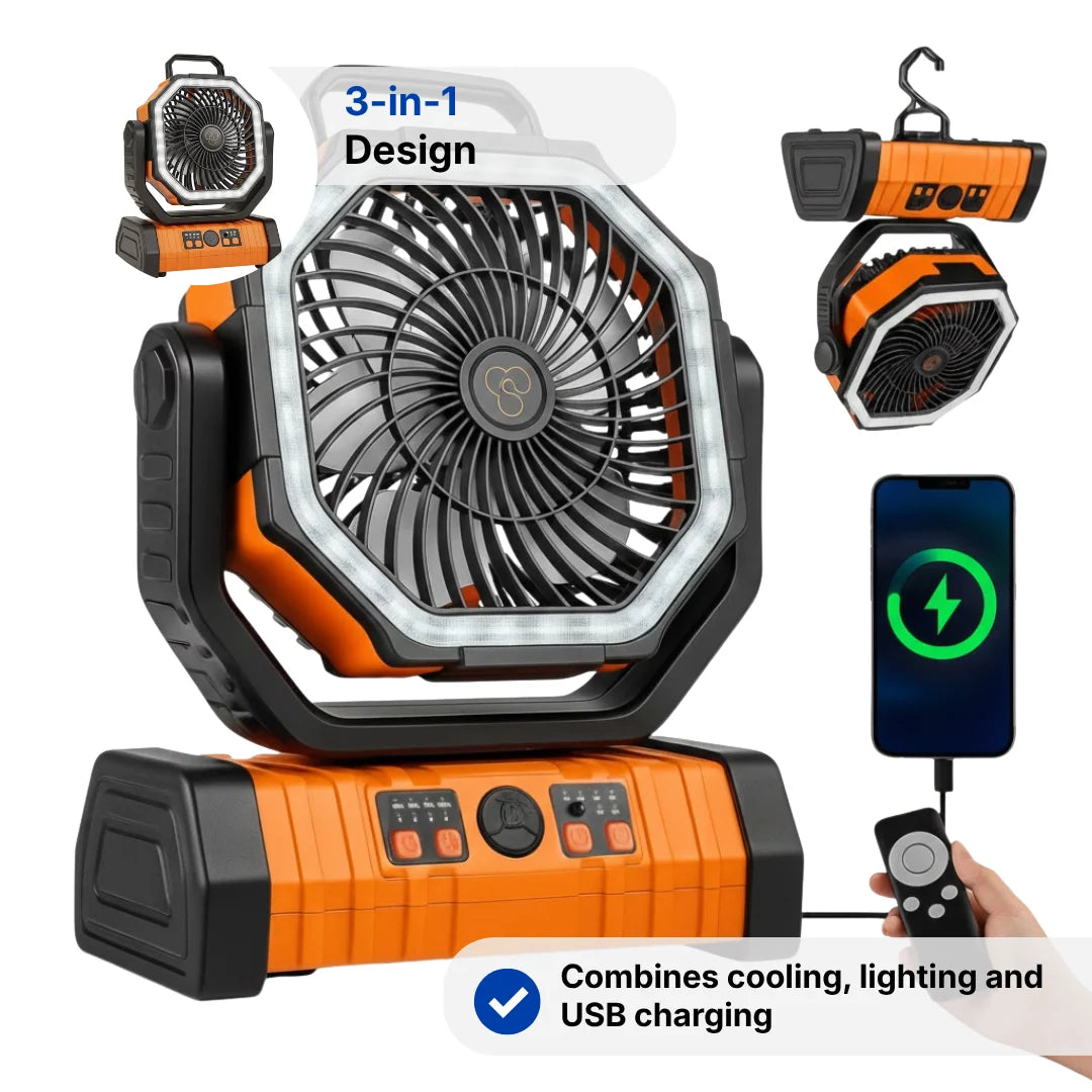 Camping Fan LED Light & USB Power Bank 20,000mAh Battery