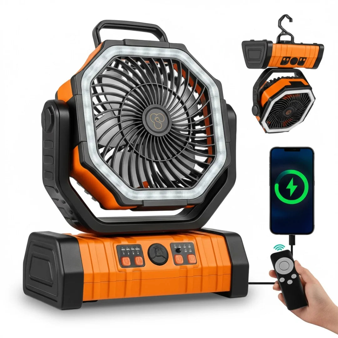 Camping Fan LED Light & USB Power Bank 20,000mAh Battery