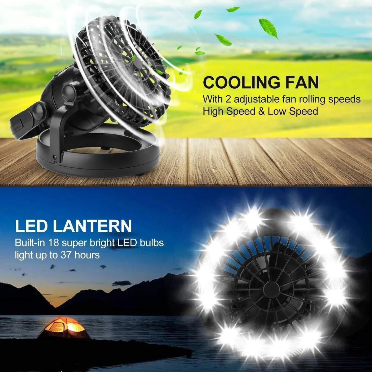 Camping Fan with LED Light Battery-Powered 18 LEDs