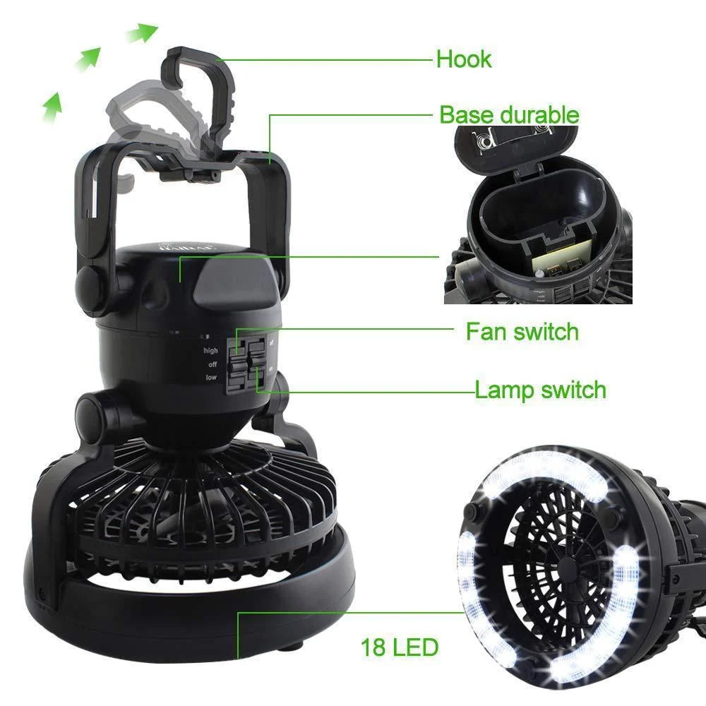 Camping Fan with LED Light Battery-Powered 18 LEDs