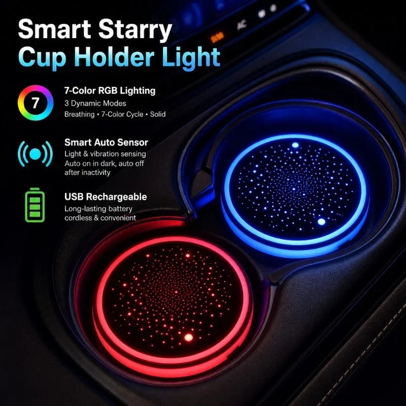 Car Cup Holder Coasters Multicolor LED Motion-Activated USB-Rechargeable