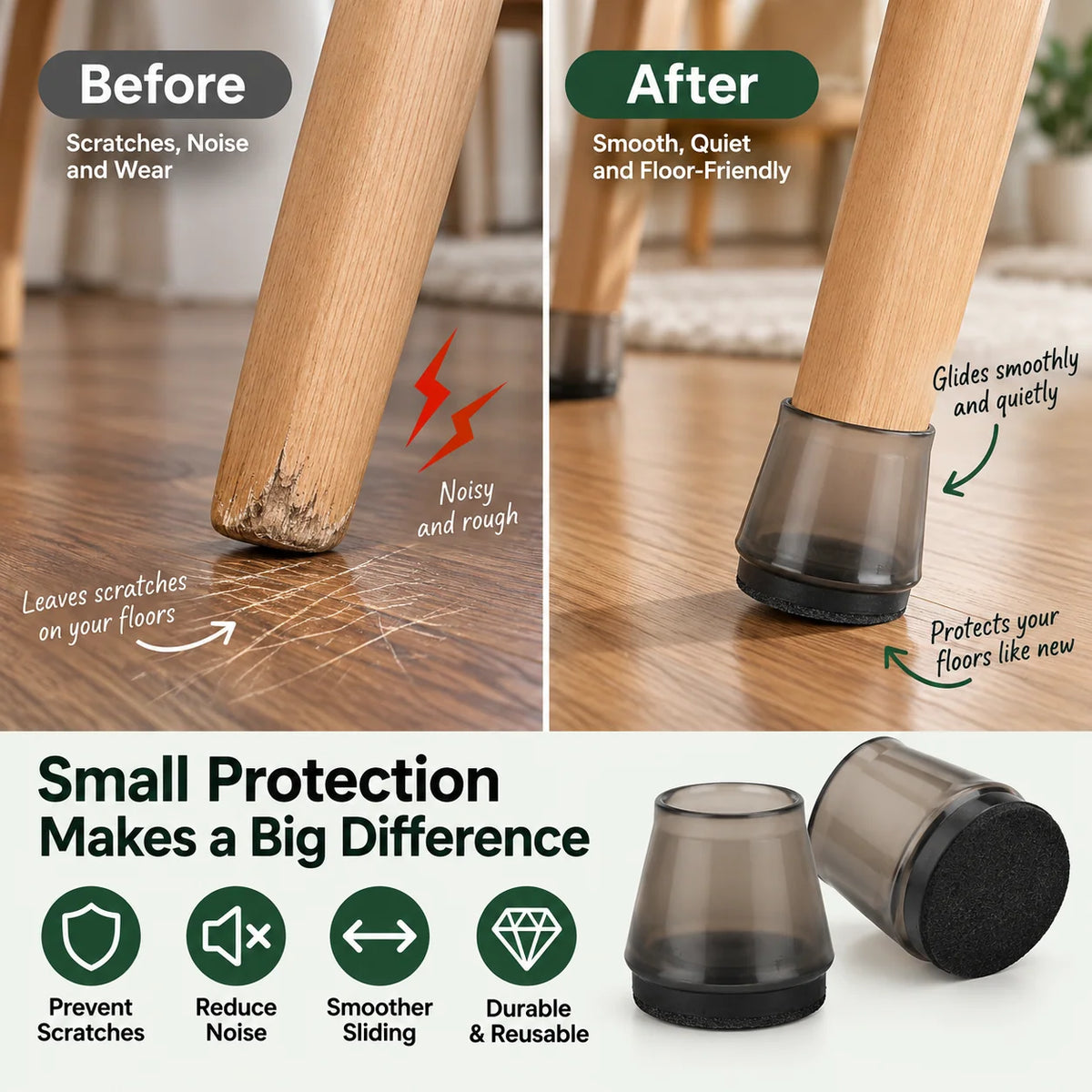 Chair Leg Protectors Felt Bottom Washable & Reusable