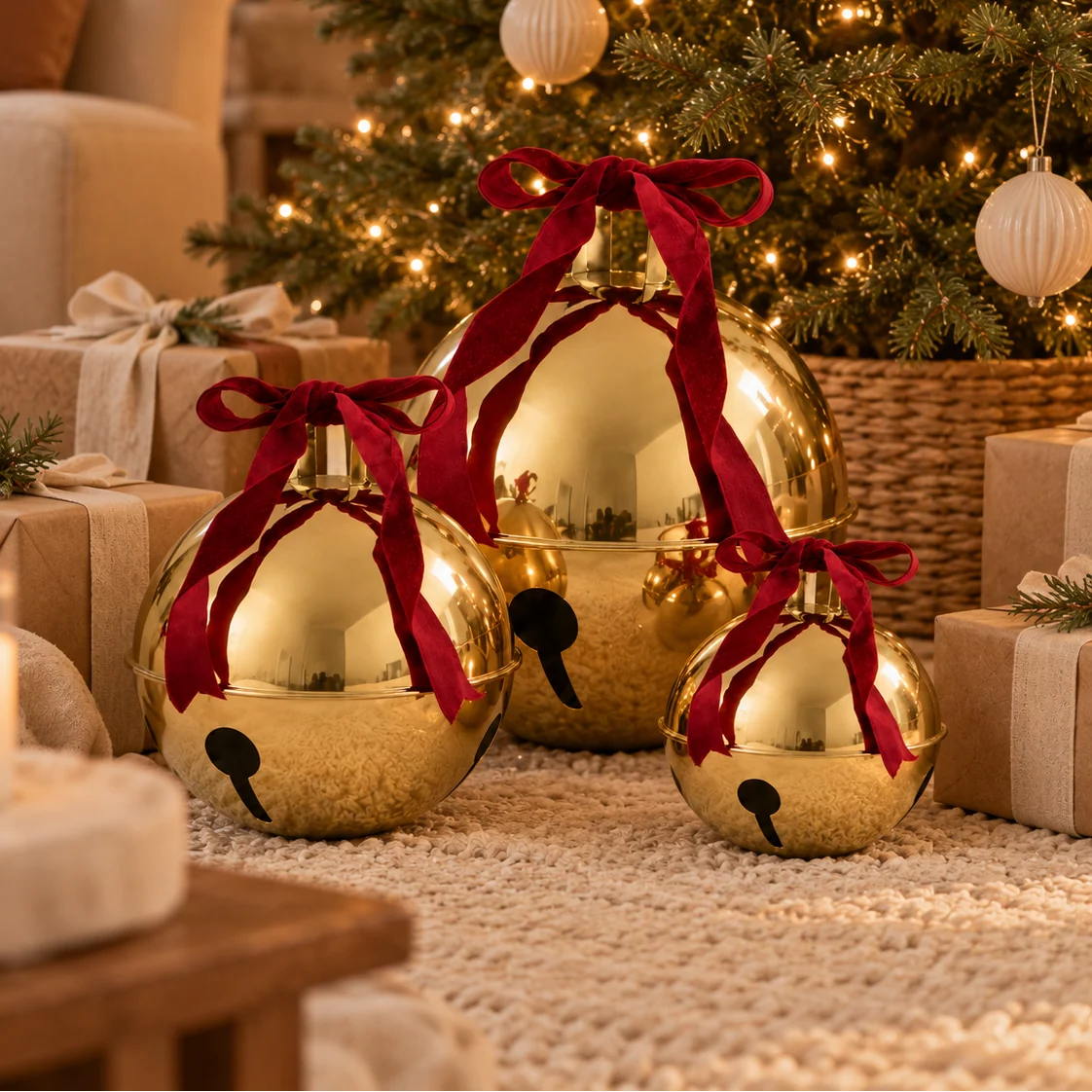 Christmas Bell Set of 3 Gold Finish Velvet Bows