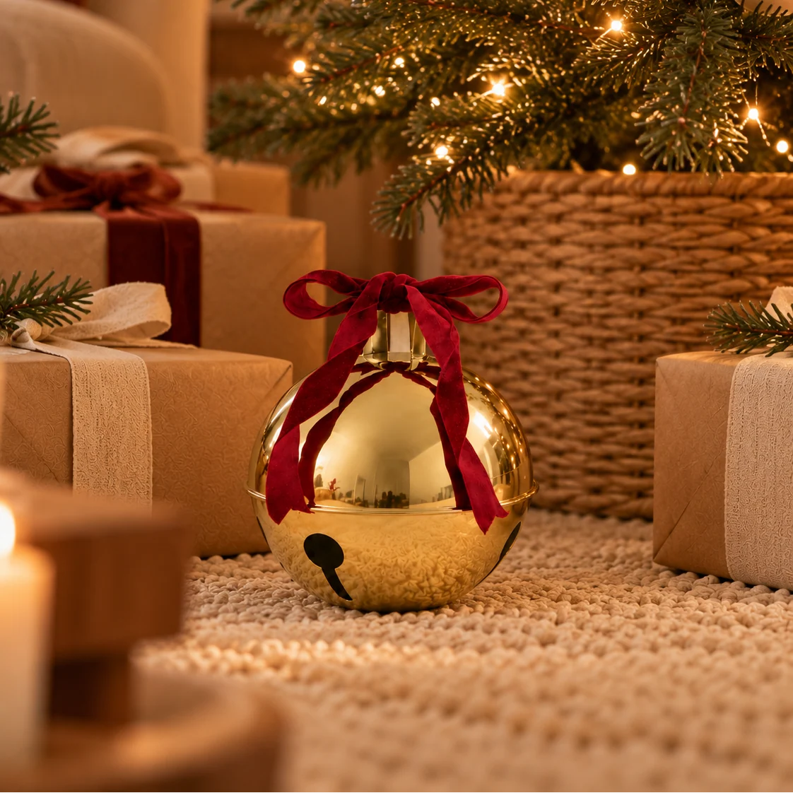 Christmas Bell Set of 3 Gold Finish Velvet Bows