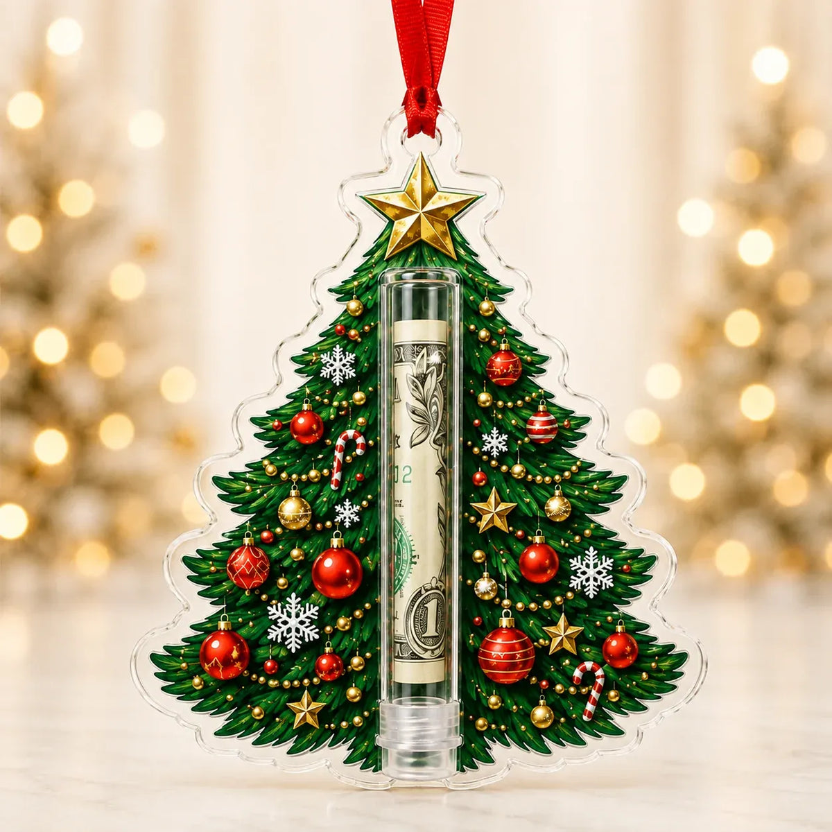 Christmas Cash Holder Ornament Clear Tube Hanging Ribbon