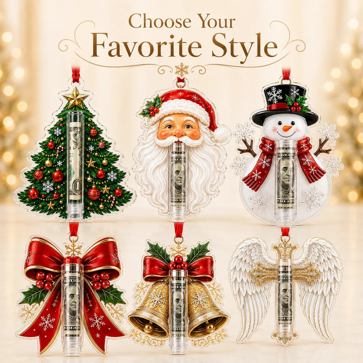 Christmas Cash Holder Ornament Clear Tube Hanging Ribbon