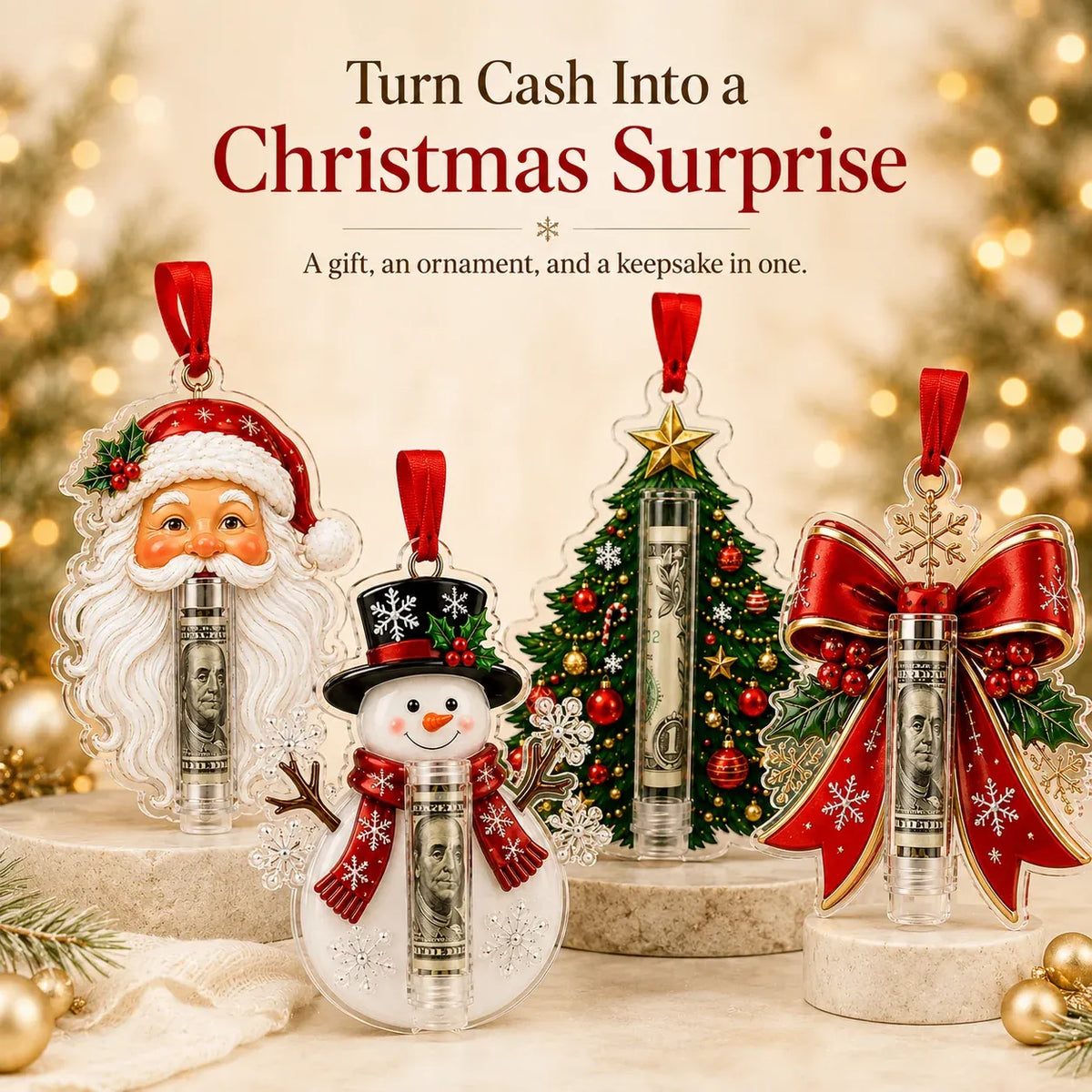 Christmas Cash Holder Ornament Clear Tube Hanging Ribbon