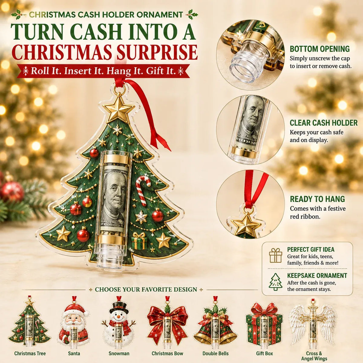 Christmas Cash Holder Ornament Clear Tube Hanging Ribbon