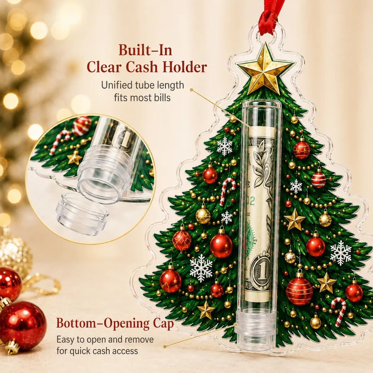 Christmas Cash Holder Ornament Clear Tube Hanging Ribbon