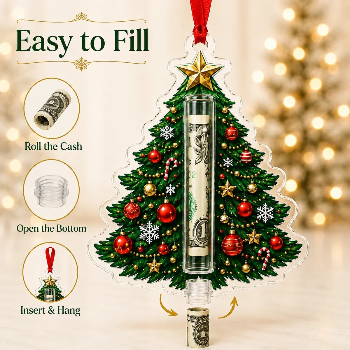 Christmas Cash Holder Ornament Clear Tube Hanging Ribbon
