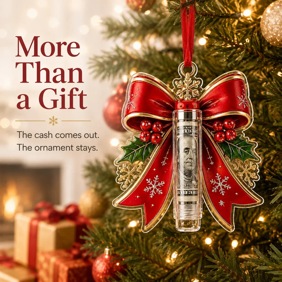 Christmas Cash Holder Ornament Clear Tube Hanging Ribbon