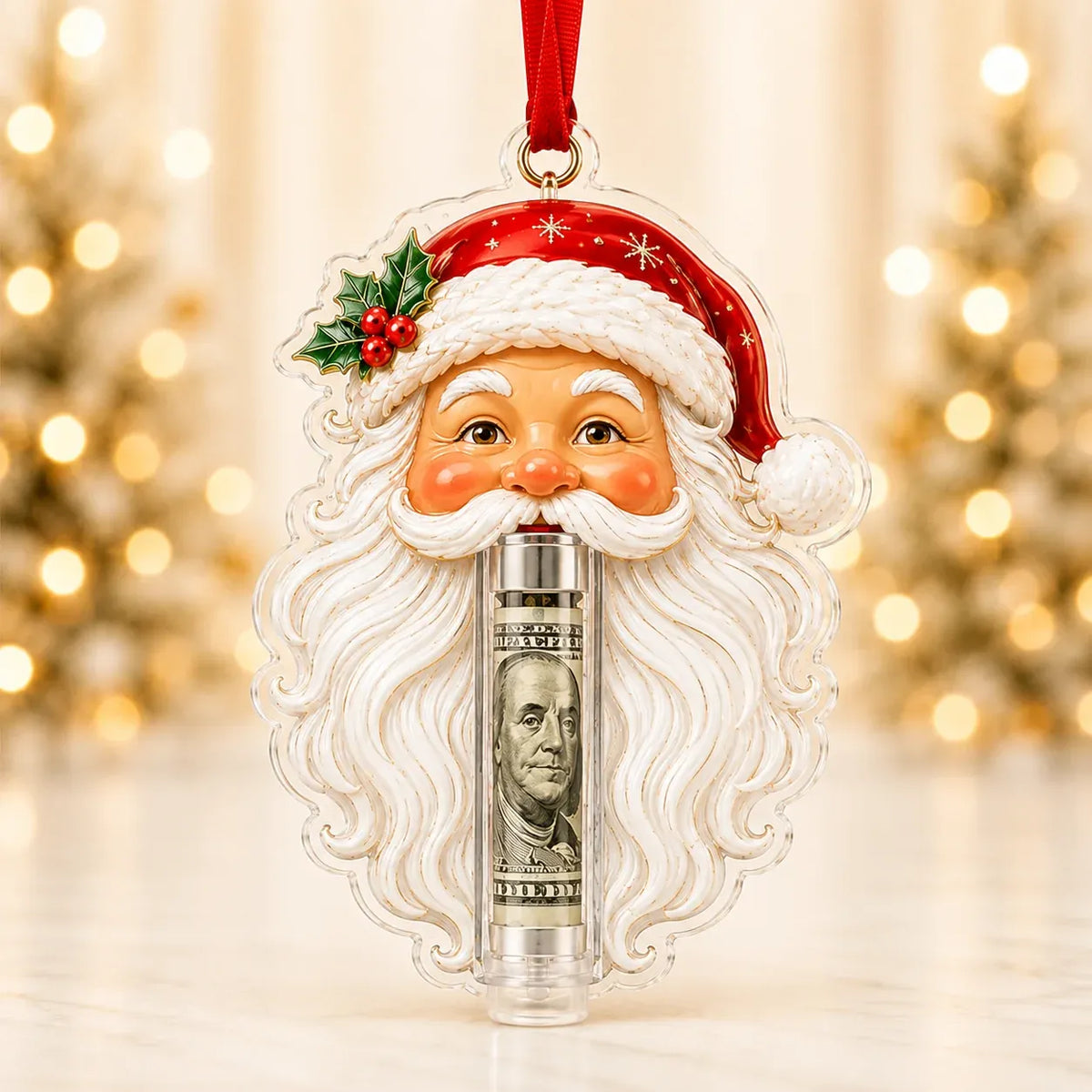Christmas Cash Holder Ornament Clear Tube Hanging Ribbon