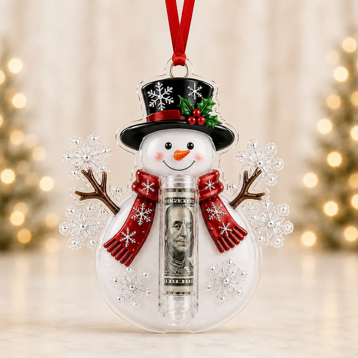 Christmas Cash Holder Ornament Clear Tube Hanging Ribbon