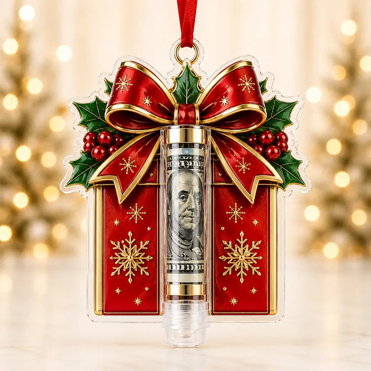 Christmas Cash Holder Ornament Clear Tube Hanging Ribbon