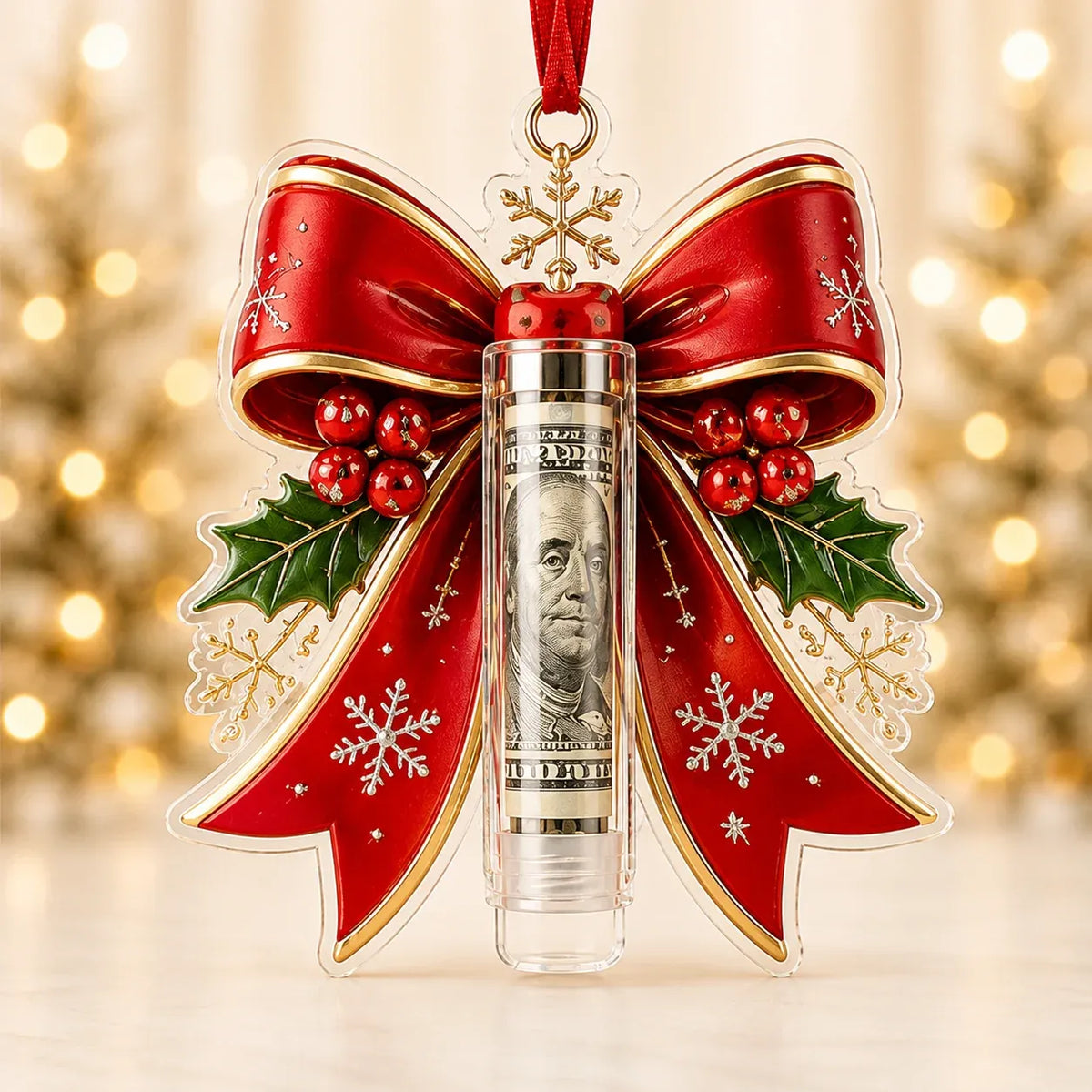 Christmas Cash Holder Ornament Clear Tube Hanging Ribbon