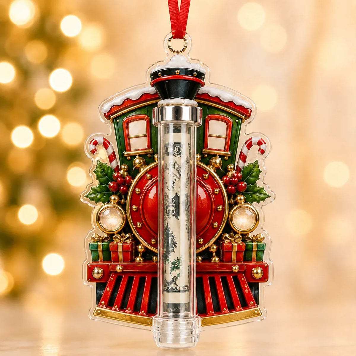 Christmas Cash Holder Ornament Clear Tube Hanging Ribbon