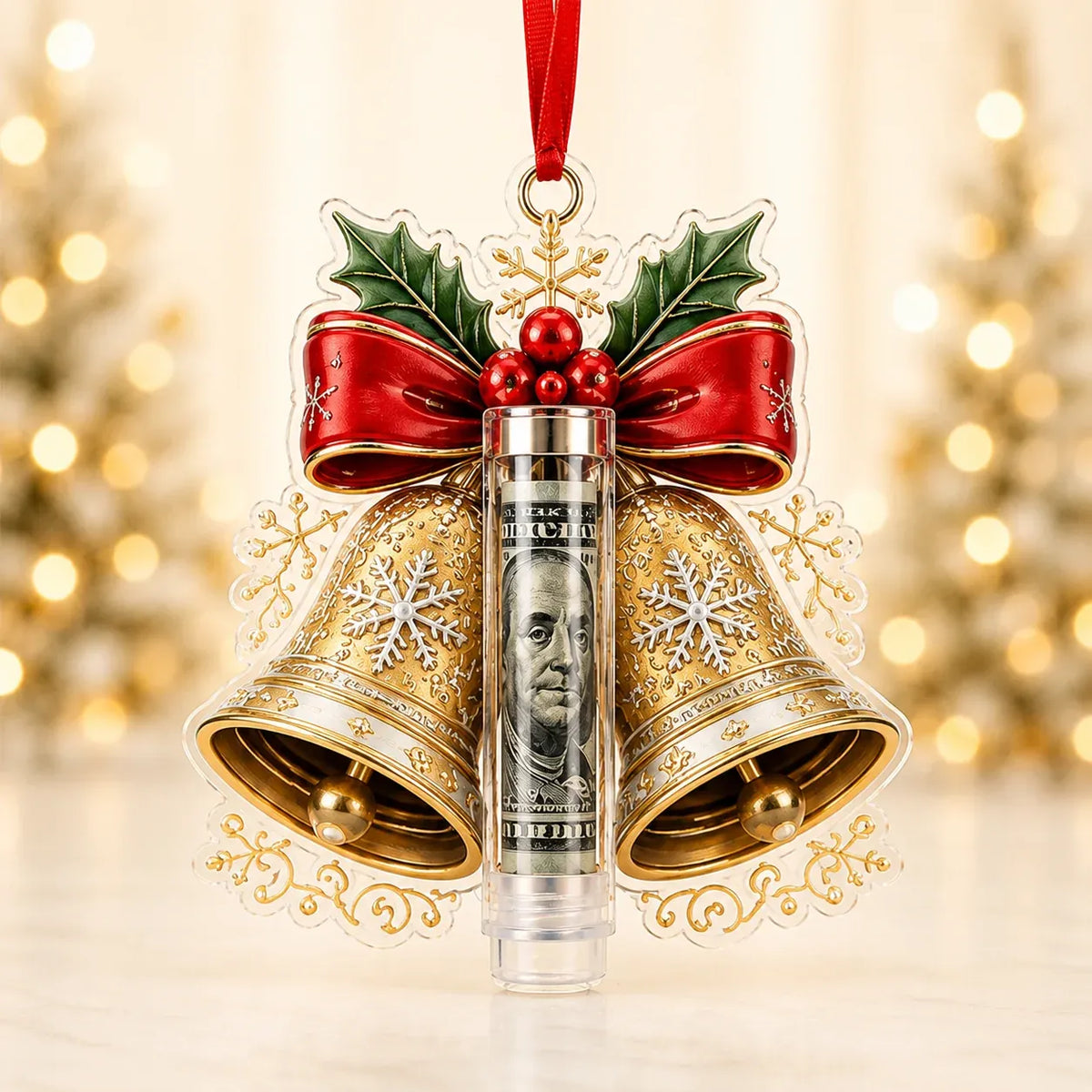 Christmas Cash Holder Ornament Clear Tube Hanging Ribbon