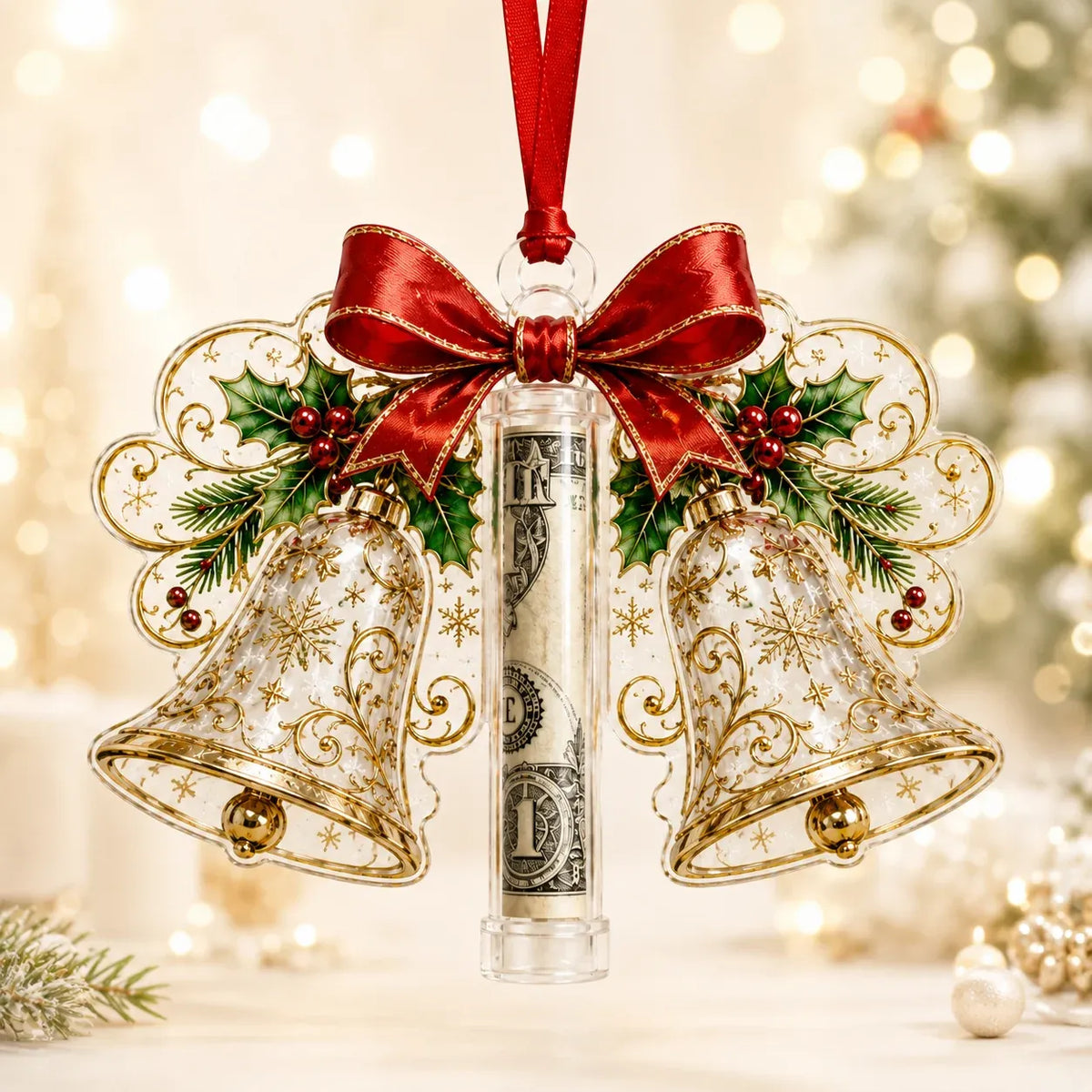 Christmas Cash Holder Ornament Clear Tube Hanging Ribbon