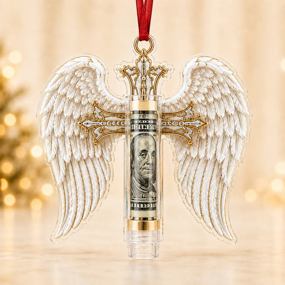 Christmas Cash Holder Ornament Clear Tube Hanging Ribbon