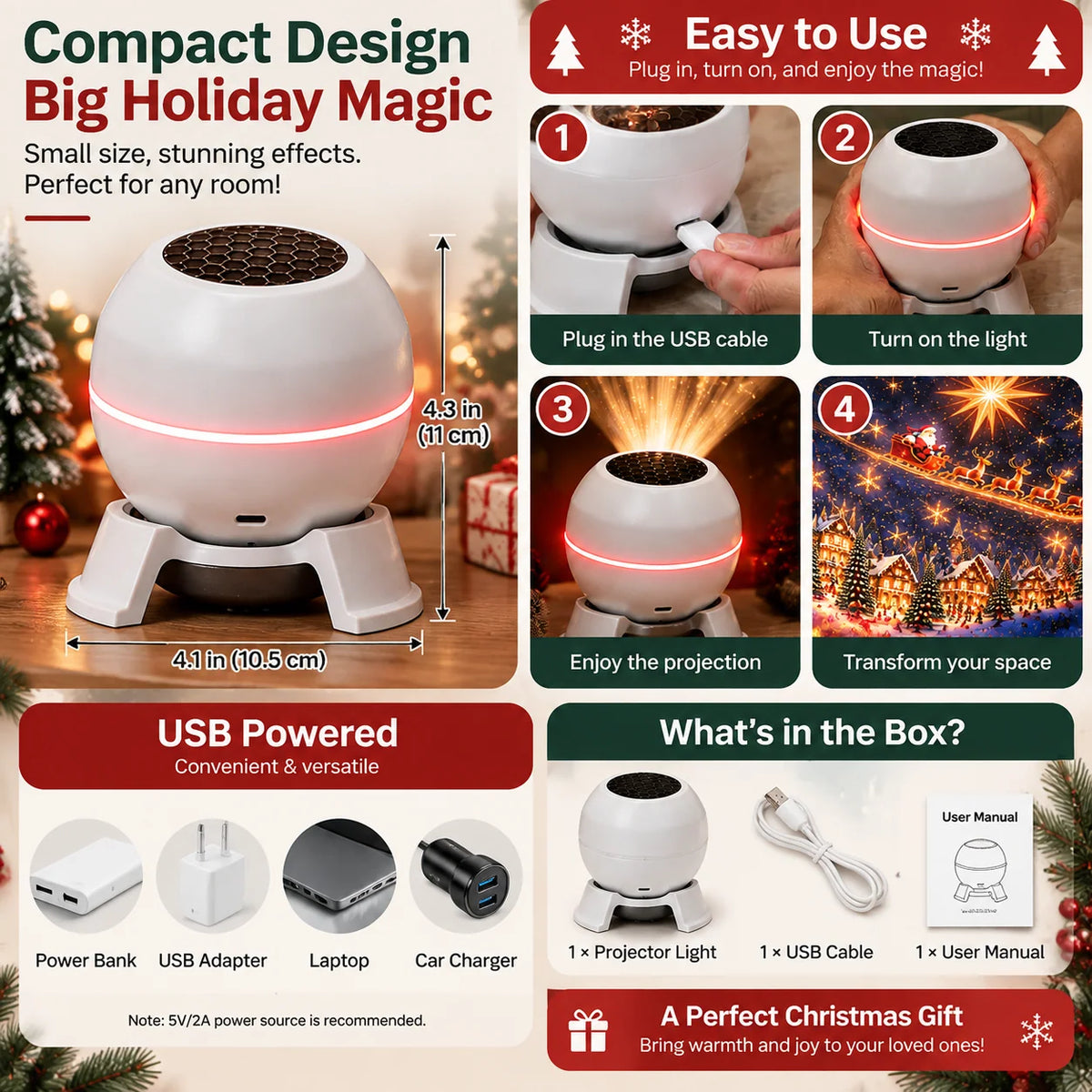 Christmas Light Projector Moving Patterns USB Powered Indoor Decor