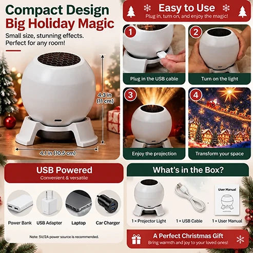 Christmas Projection Night Light USB Powered Compact