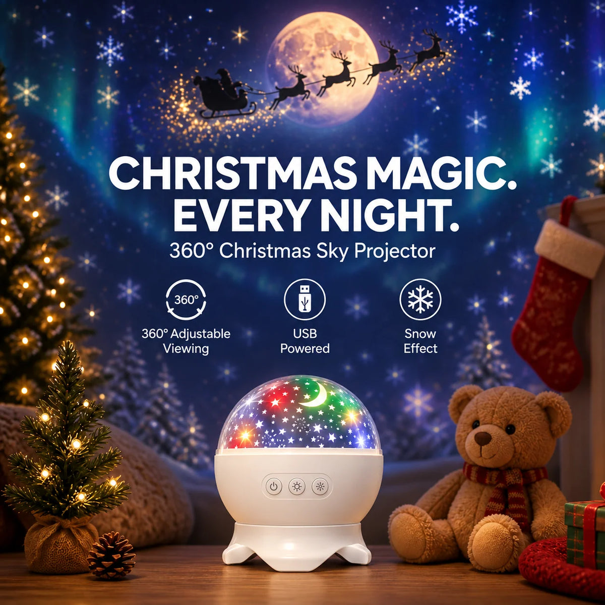 Christmas Projector Santa Sleigh & Reindeer Adjustable Angle & Distance