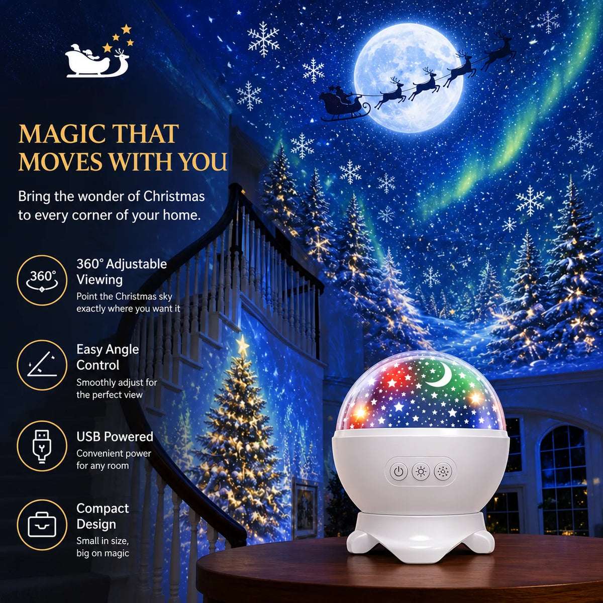 Christmas Projector Santa Sleigh & Reindeer Adjustable Angle & Distance