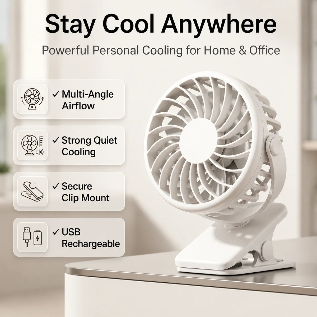 Clip-On Fan USB Rechargeable 3-Speed Adjustable Head