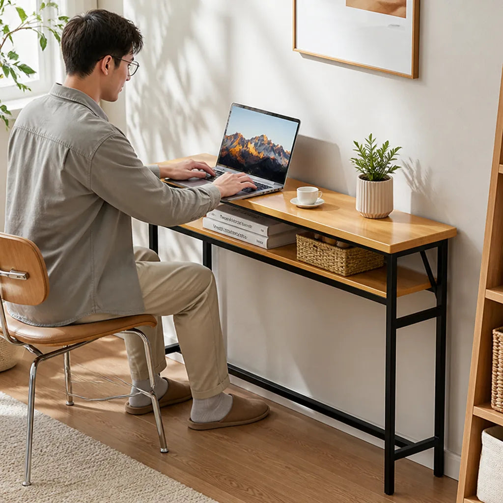 Console Table Slim Profile Scratch-Resistant Wood-Look Top