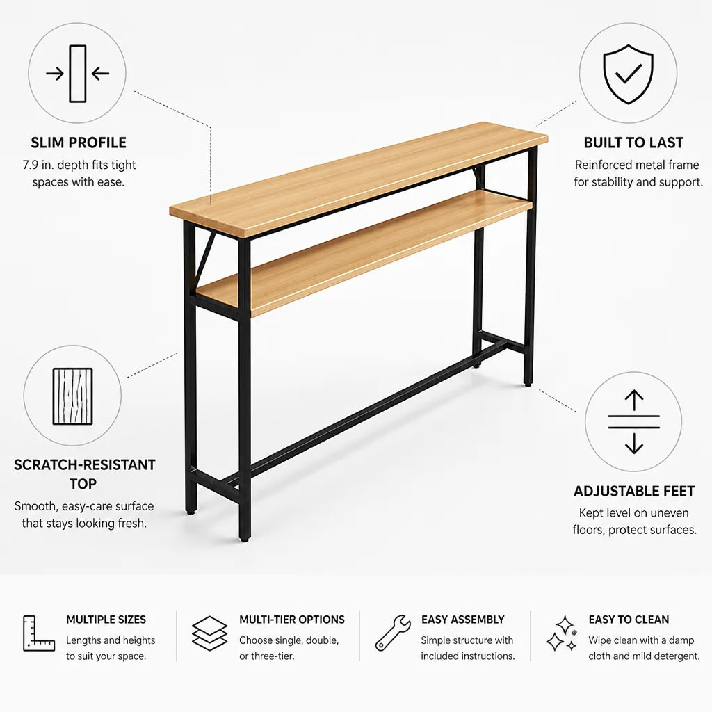 Console Table Slim Profile Scratch-Resistant Wood-Look Top