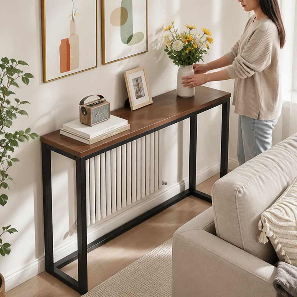 Console Table Slim Space-Saving Wood-Grain Top & Metal Frame