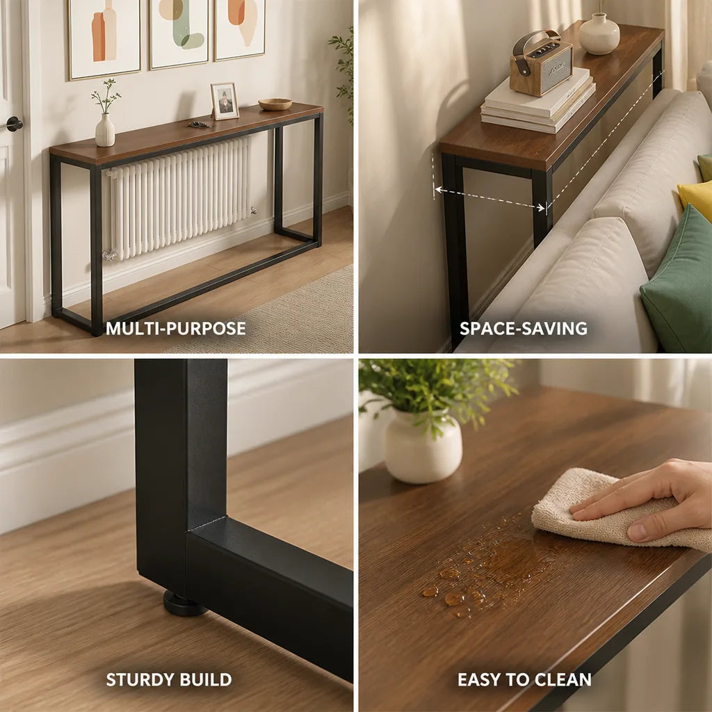 Console Table Slim Space-Saving Wood-Grain Top & Metal Frame