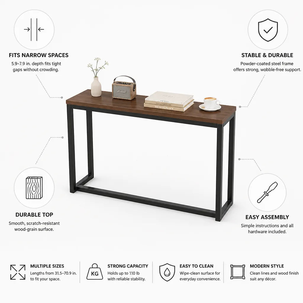 Console Table Slim Space-Saving Wood-Grain Top & Metal Frame