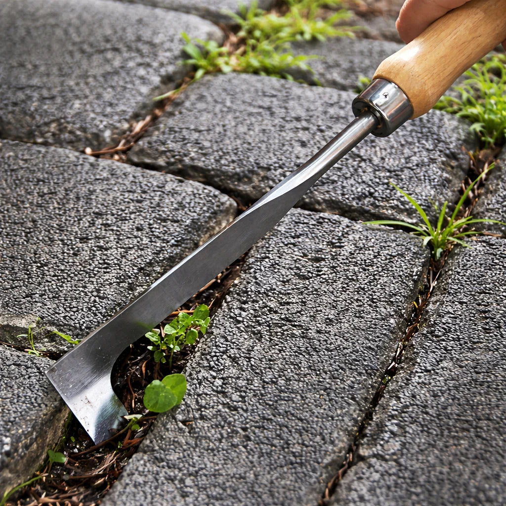 Crevice Weeding Tool L-Shaped Stainless Steel Blade Wooden Handle