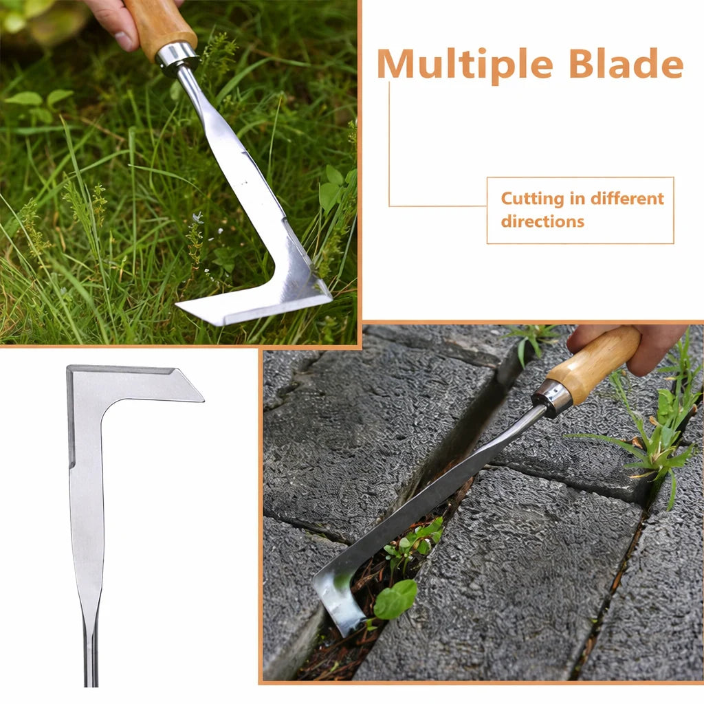 Crevice Weeding Tool L-Shaped Stainless Steel Blade Wooden Handle